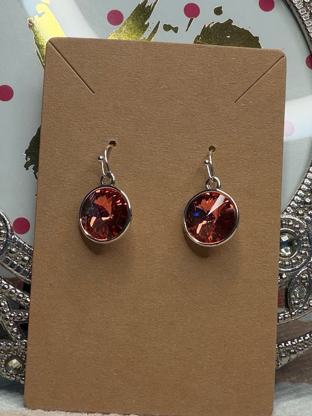 Silver Bezel Peach Copper Crystal Rivoli Drop Earrings Solitaire Dainty EUC